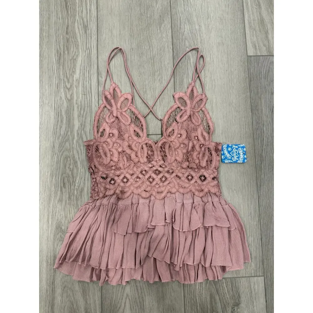 Free People Adella Cami Crochet‎ Lace Sleeveless Tiered Boho Western Top Mauve S